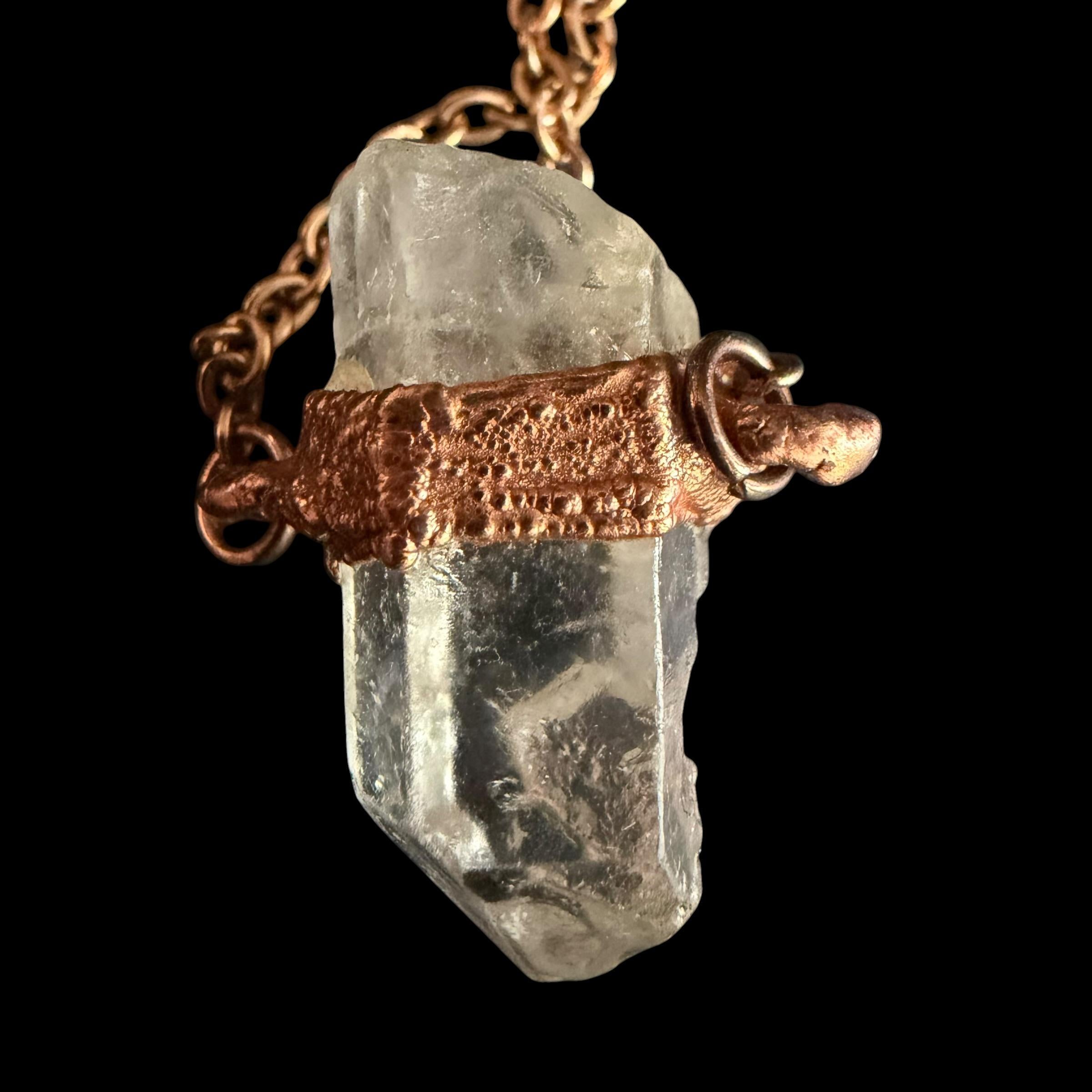 Raw Clear Quartz Electroformed Copper Necklace | Boho Rose Gold Chain Pendant