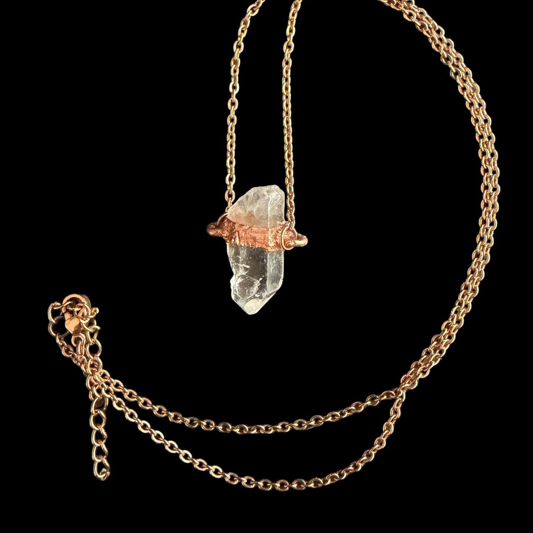 Raw Clear Quartz Electroformed Copper Necklace | Boho Rose Gold Chain Pendant