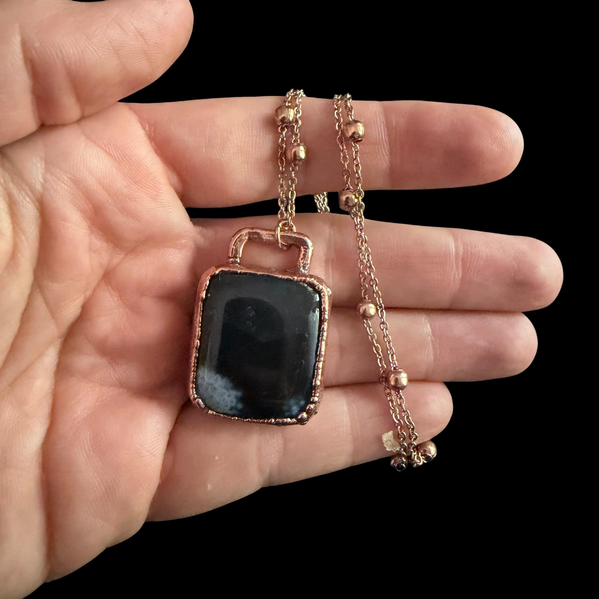 Black Obsidian Necklace | Electroformed Copper Pendant | Handmade Protection Crystal Jewelry | Boho Grounding Gift