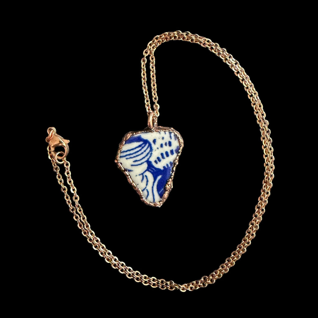 Blue and White Broken China Necklace | Electroformed Copper Pendant | Upcycled Pottery Jewelry | Boho Cottage Gift