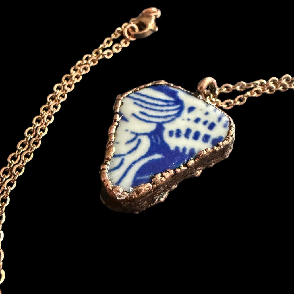 Blue and White Broken China Necklace | Electroformed Copper Pendant | Upcycled Pottery Jewelry | Boho Cottage Gift