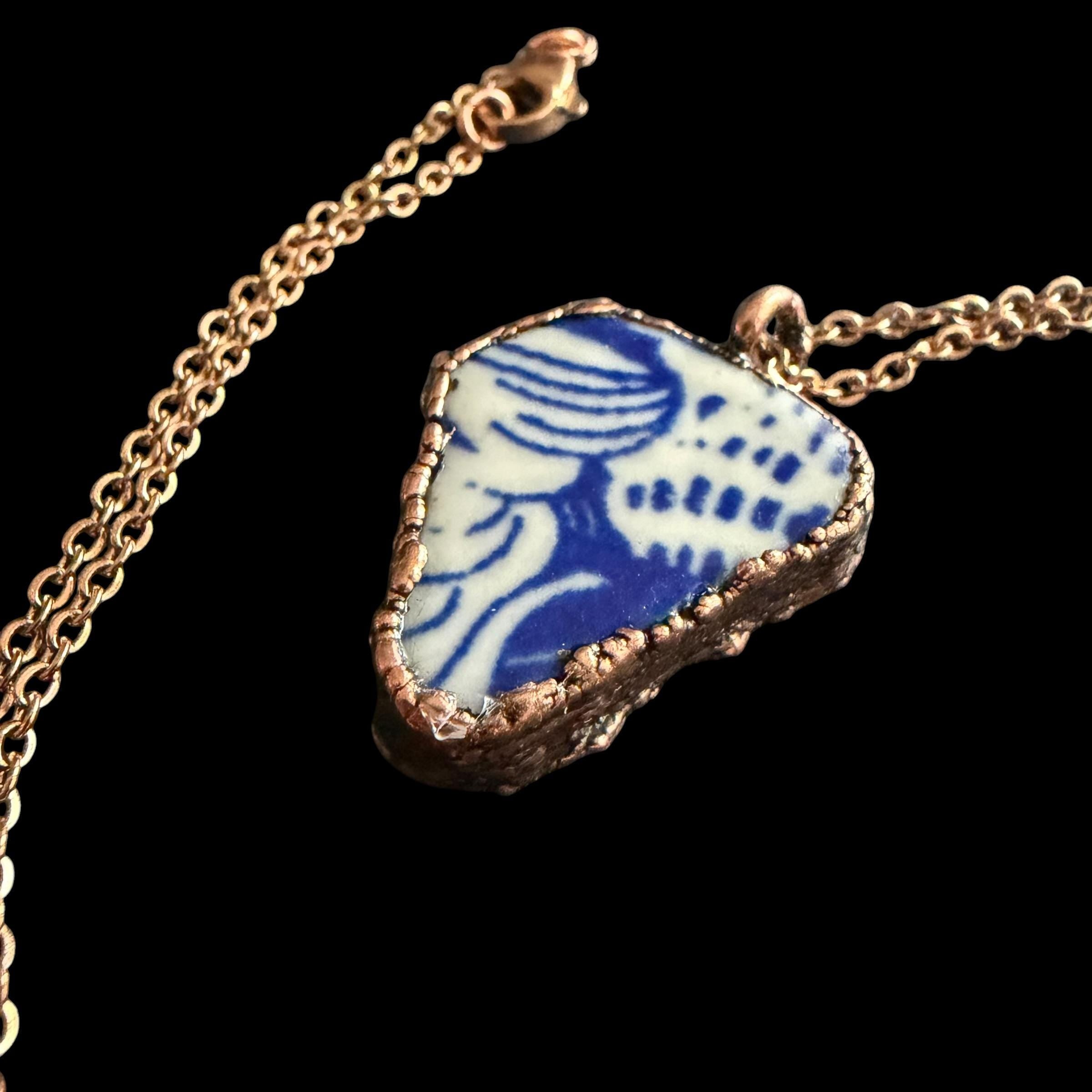 Blue and White Broken China Necklace | Electroformed Copper Pendant | Upcycled Pottery Jewelry | Boho Cottage Gift