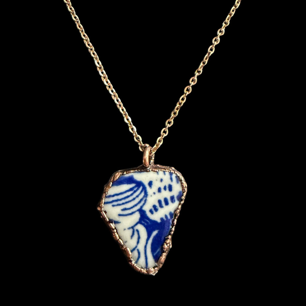 Blue and White Broken China Necklace | Electroformed Copper Pendant | Upcycled Pottery Jewelry | Boho Cottage Gift