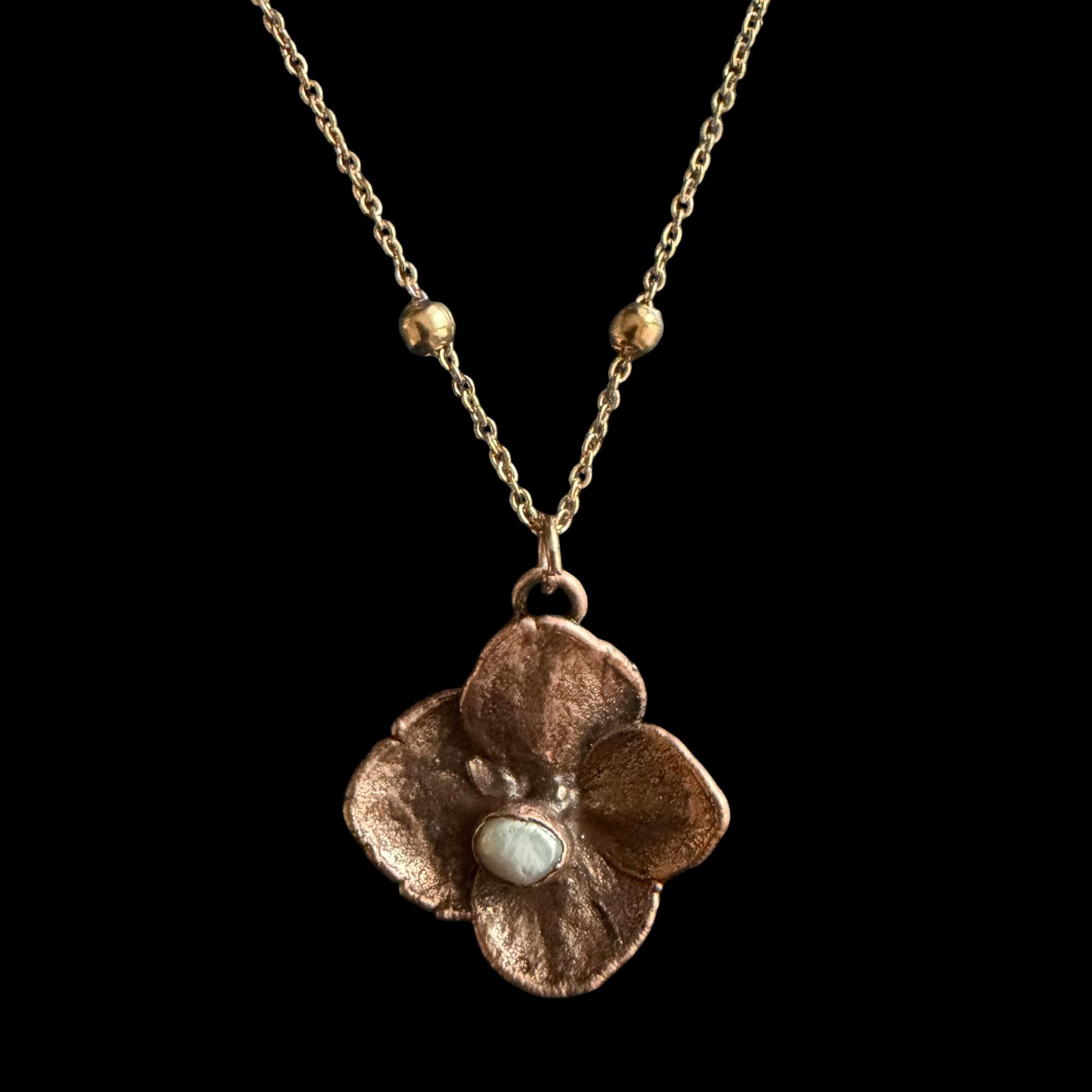 Real Hydrangea Flower Necklace with Pearl | Electroformed Copper Pendant | Preserved Botanical Jewelry | Boho Gift