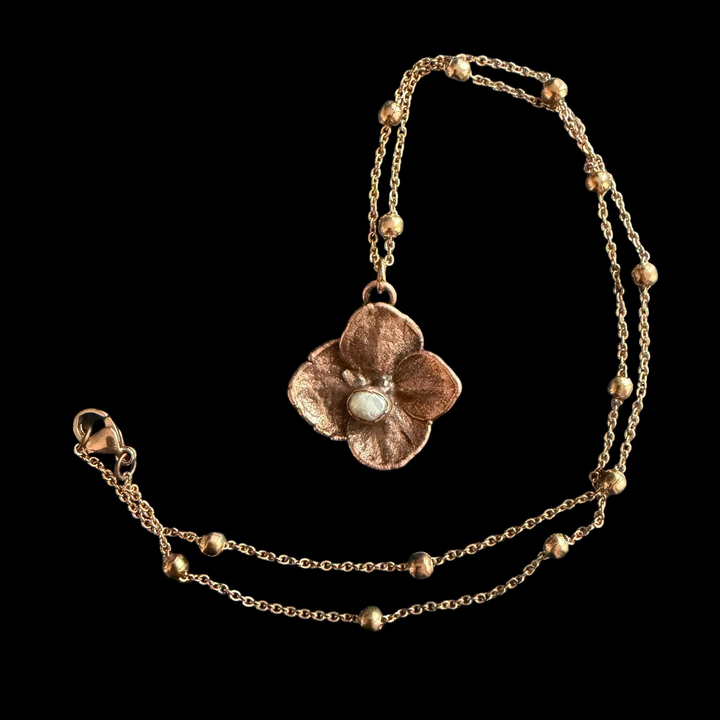 Real Hydrangea Flower Necklace with Pearl | Electroformed Copper Pendant | Preserved Botanical Jewelry | Boho Gift
