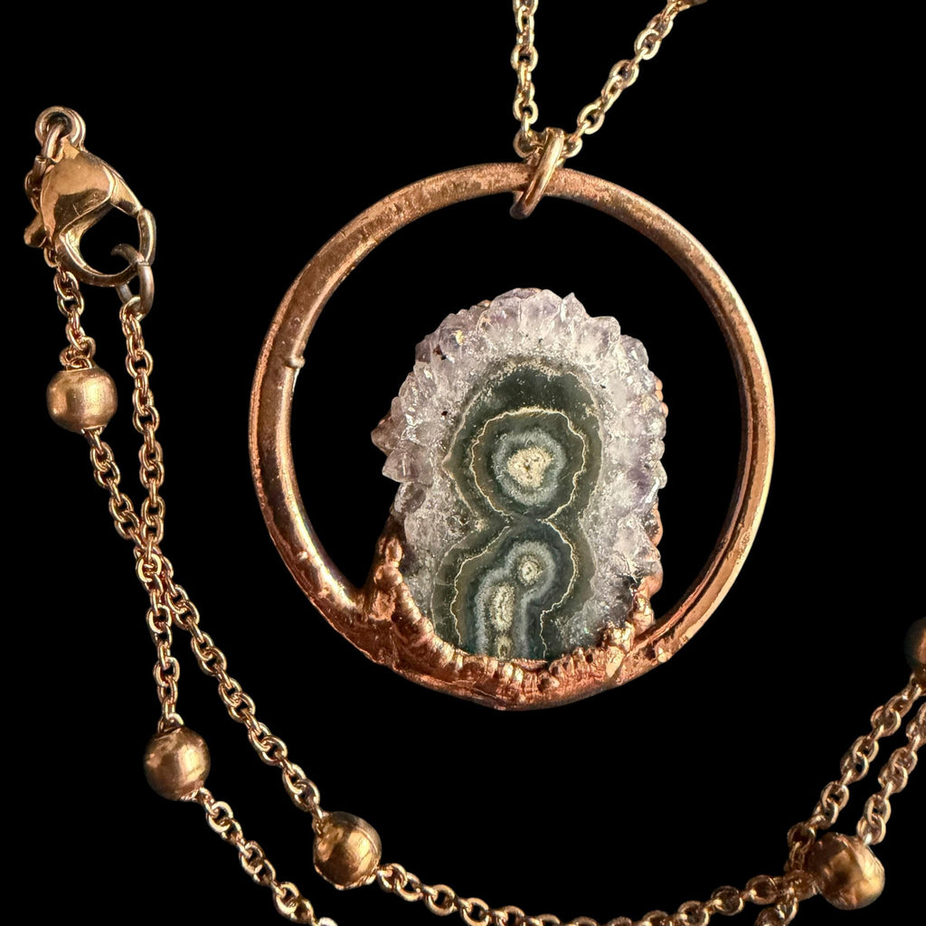 Amethyst Stalactite Slice Necklace | Electroformed Copper Hoop Pendant | Handmade Druzy Crystal Jewelry | Boho Gift