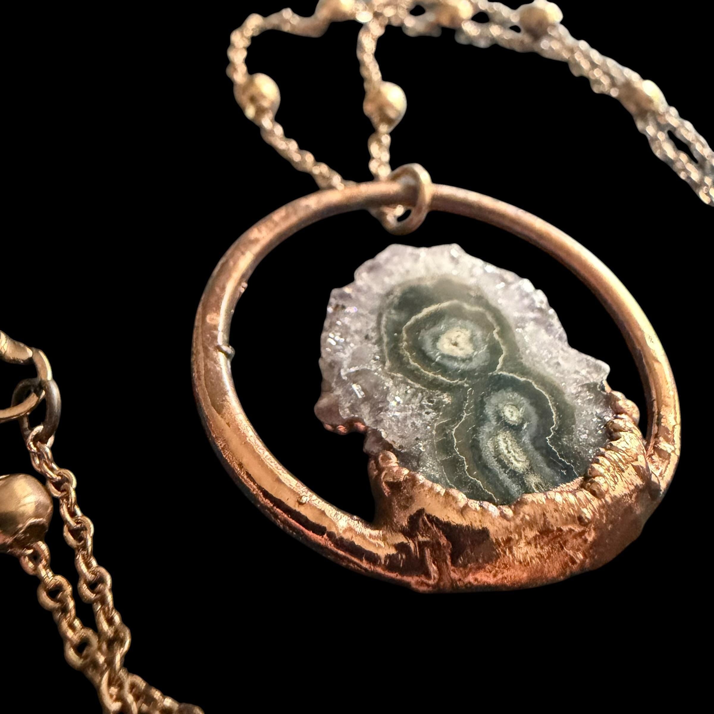 Amethyst Stalactite Slice Necklace | Electroformed Copper Hoop Pendant | Handmade Druzy Crystal Jewelry | Boho Gift