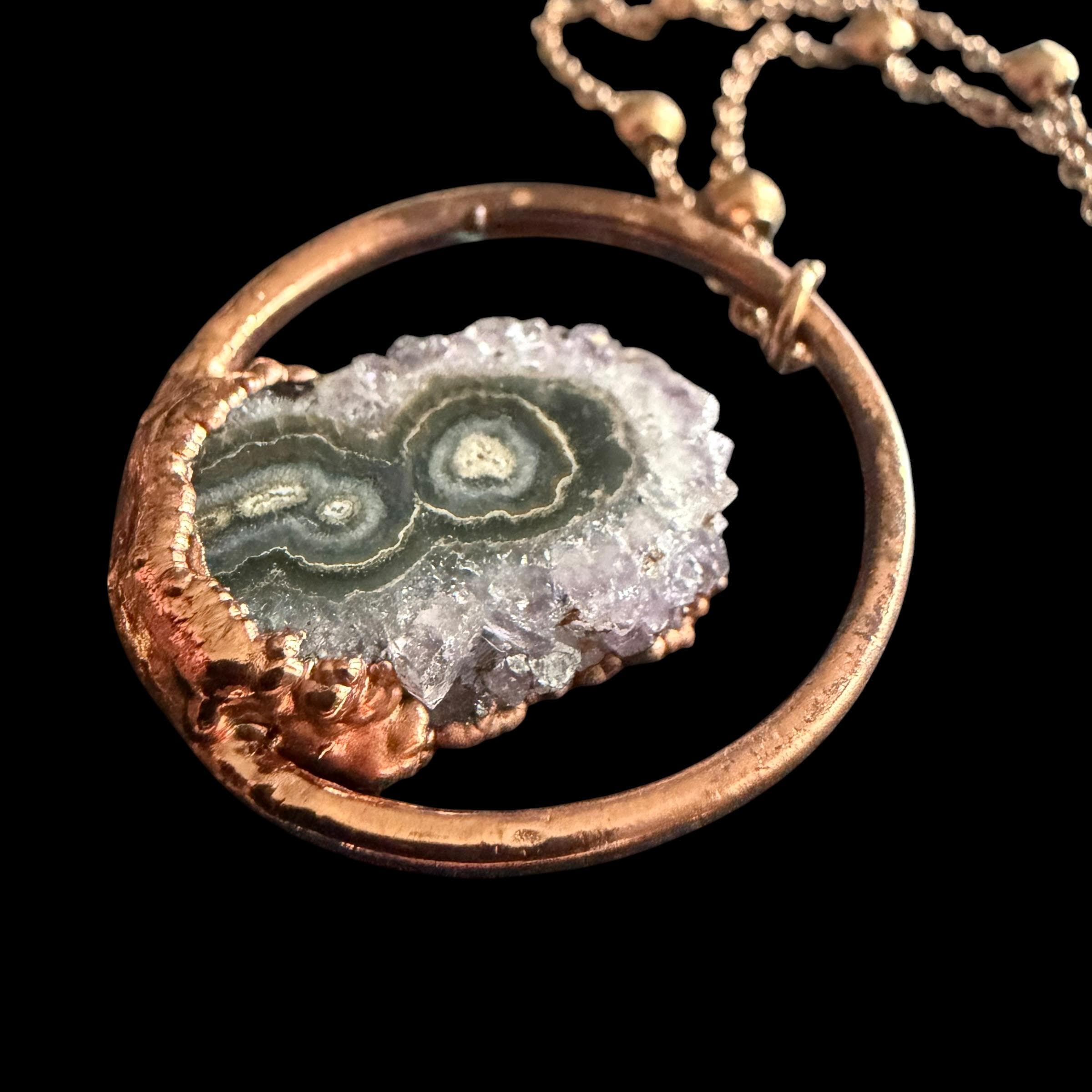 Amethyst Stalactite Slice Necklace | Electroformed Copper Hoop Pendant | Handmade Druzy Crystal Jewelry | Boho Gift