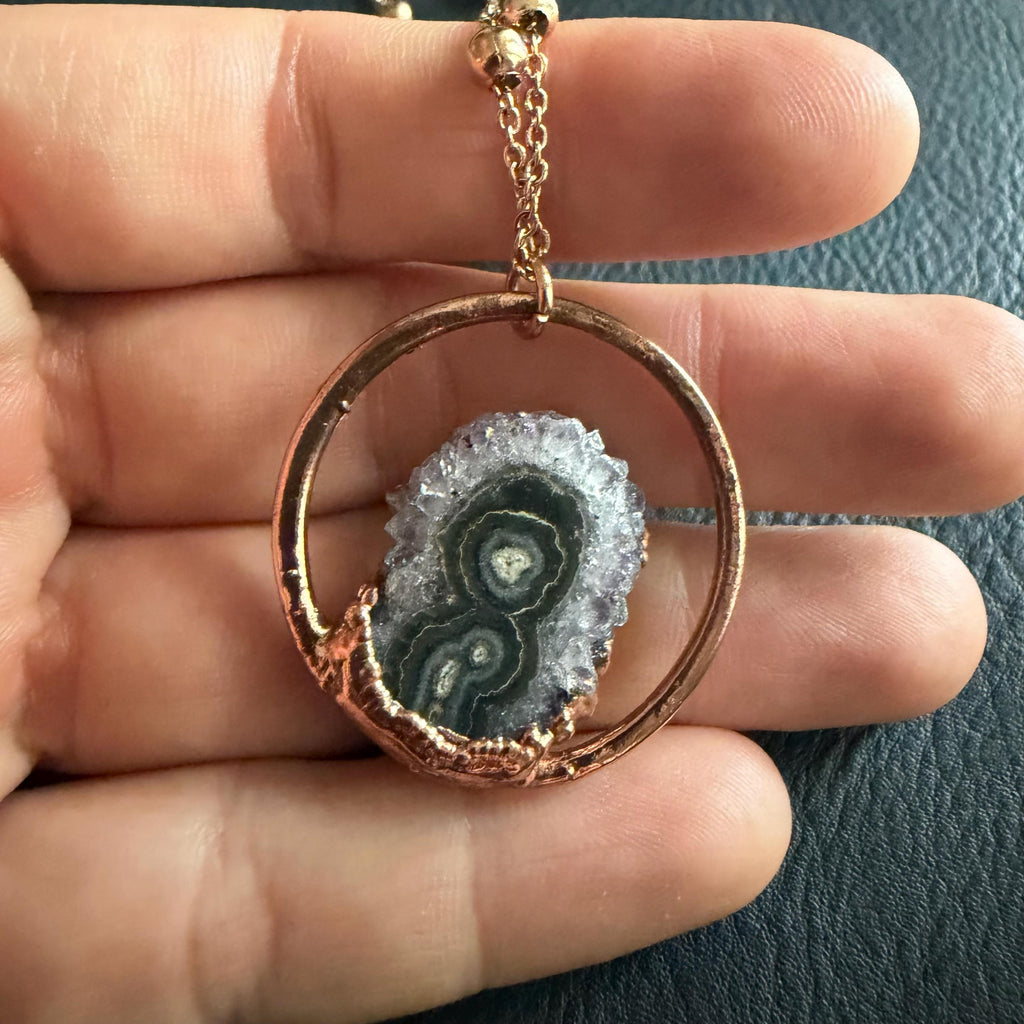 Amethyst Stalactite Slice Necklace | Electroformed Copper Hoop Pendant | Handmade Druzy Crystal Jewelry | Boho Gift
