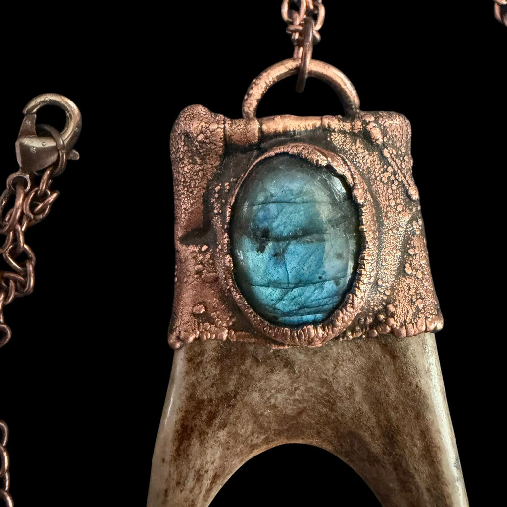 Labradorite & Obsidian Antler Necklace | Electroformed Copper Deer Antler Pendant | Handmade Boho Crystal Jewelry | Witchy Gift
