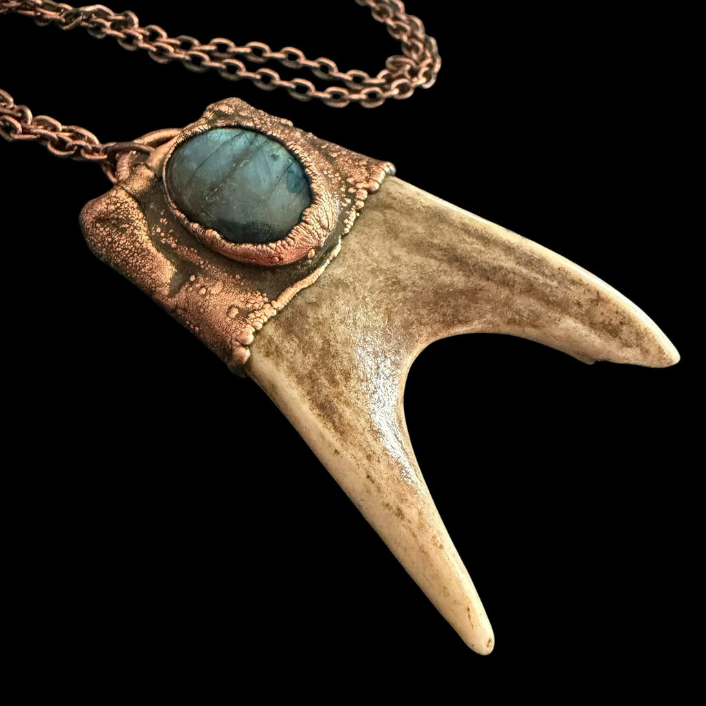 Labradorite & Obsidian Antler Necklace | Electroformed Copper Deer Antler Pendant | Handmade Boho Crystal Jewelry | Witchy Gift