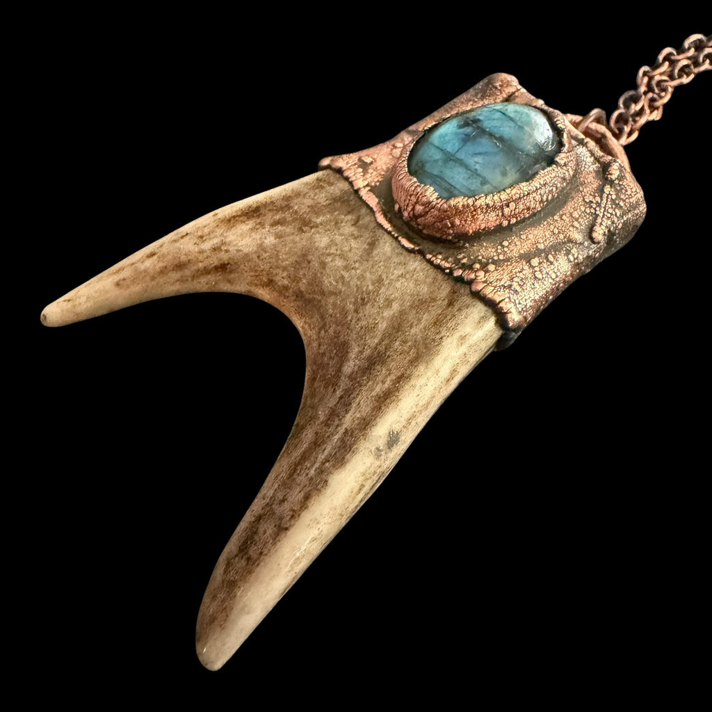 Labradorite & Obsidian Antler Necklace | Electroformed Copper Deer Antler Pendant | Handmade Boho Crystal Jewelry | Witchy Gift