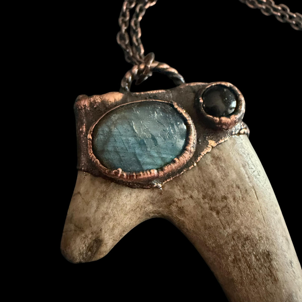 Labradorite & Obsidian Antler Necklace | Electroformed Copper Deer Antler Pendant | Handmade Boho Crystal Jewelry | Witchy Gift