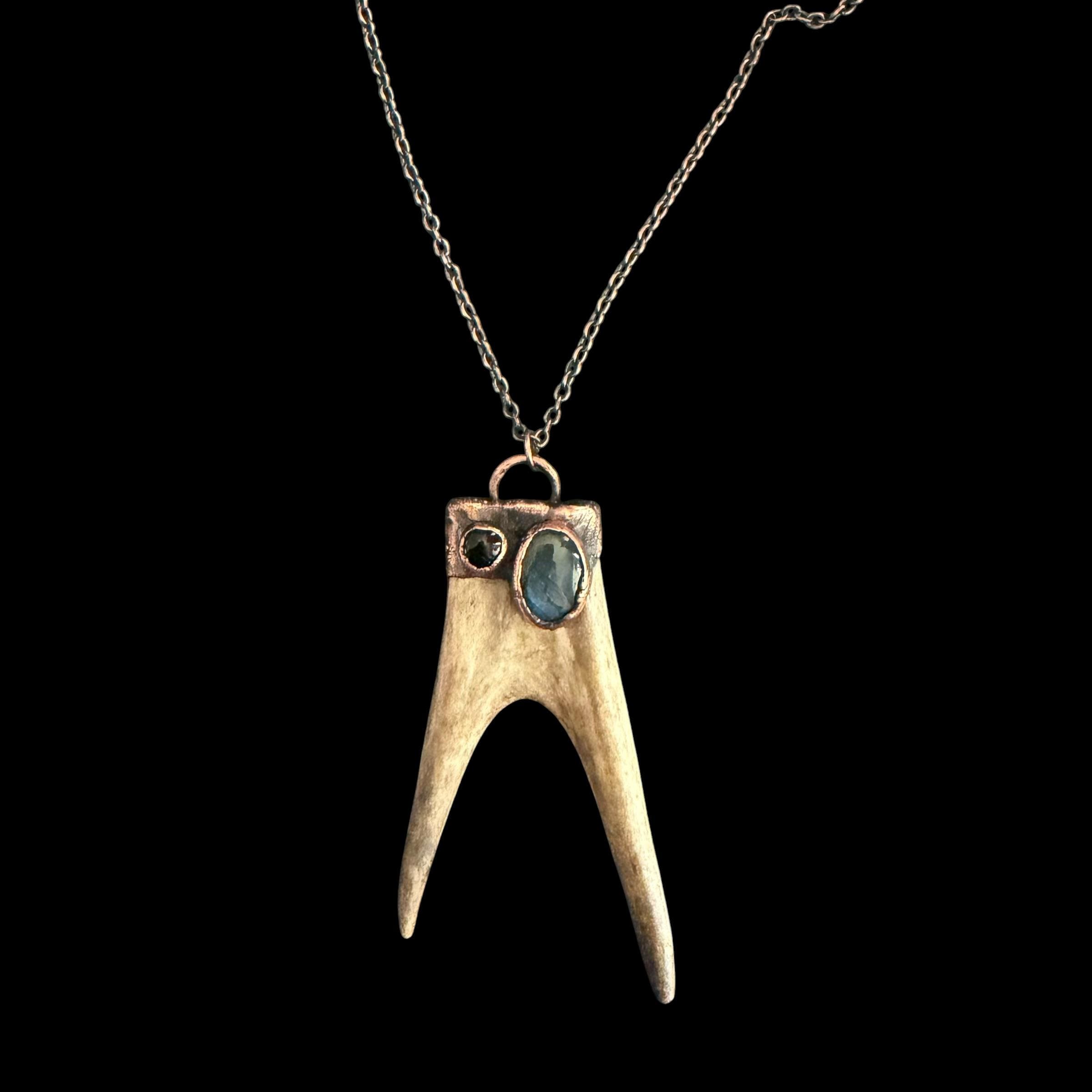 Labradorite & Obsidian Antler Necklace | Electroformed Copper Deer Antler Pendant | Handmade Boho Crystal Jewelry | Witchy Gift