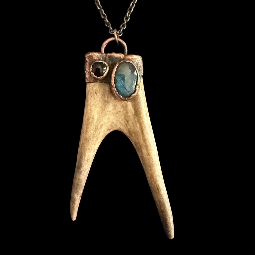 Labradorite & Obsidian Antler Necklace | Electroformed Copper Deer Antler Pendant | Handmade Boho Crystal Jewelry | Witchy Gift