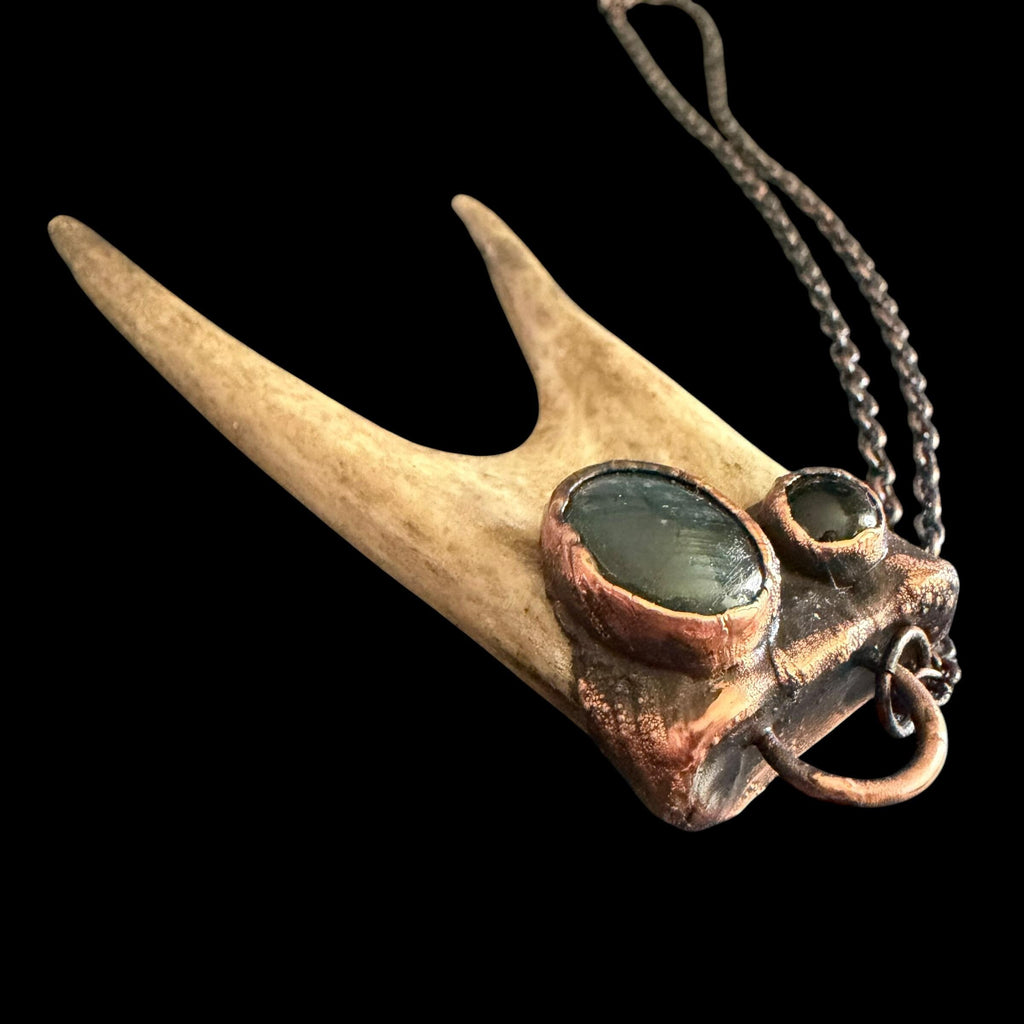 Labradorite & Obsidian Antler Necklace | Electroformed Copper Deer Antler Pendant | Handmade Boho Crystal Jewelry | Witchy Gift