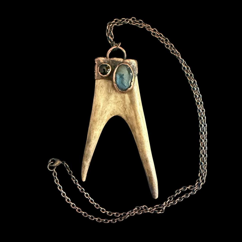 Labradorite & Obsidian Antler Necklace | Electroformed Copper Deer Antler Pendant | Handmade Boho Crystal Jewelry | Witchy Gift