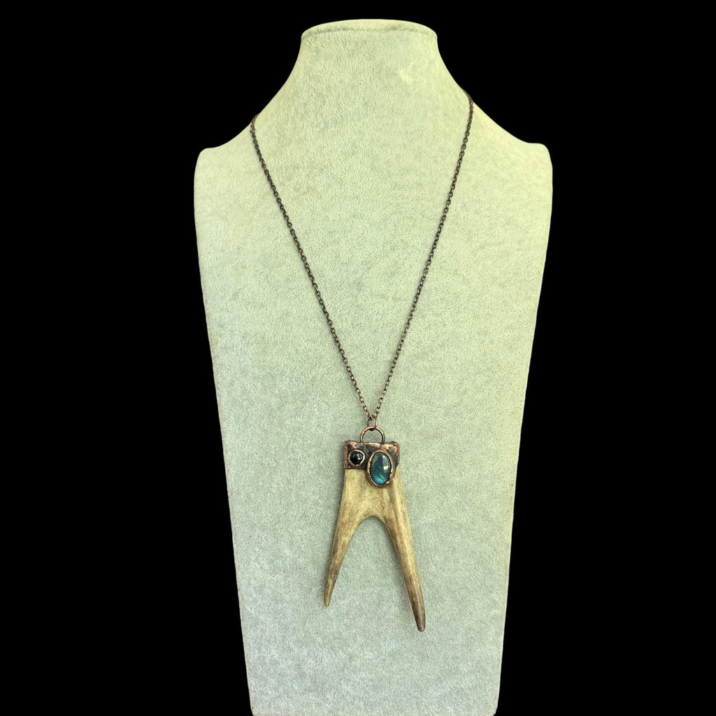 Labradorite & Obsidian Antler Necklace | Electroformed Copper Deer Antler Pendant | Handmade Boho Crystal Jewelry | Witchy Gift
