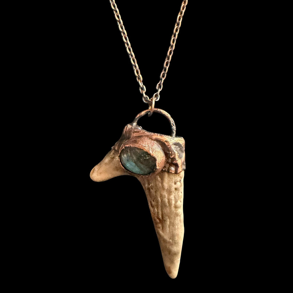 Labradorite & Obsidian Antler Necklace | Electroformed Copper Deer Antler Pendant | Handmade Boho Crystal Jewelry | Witchy Gift