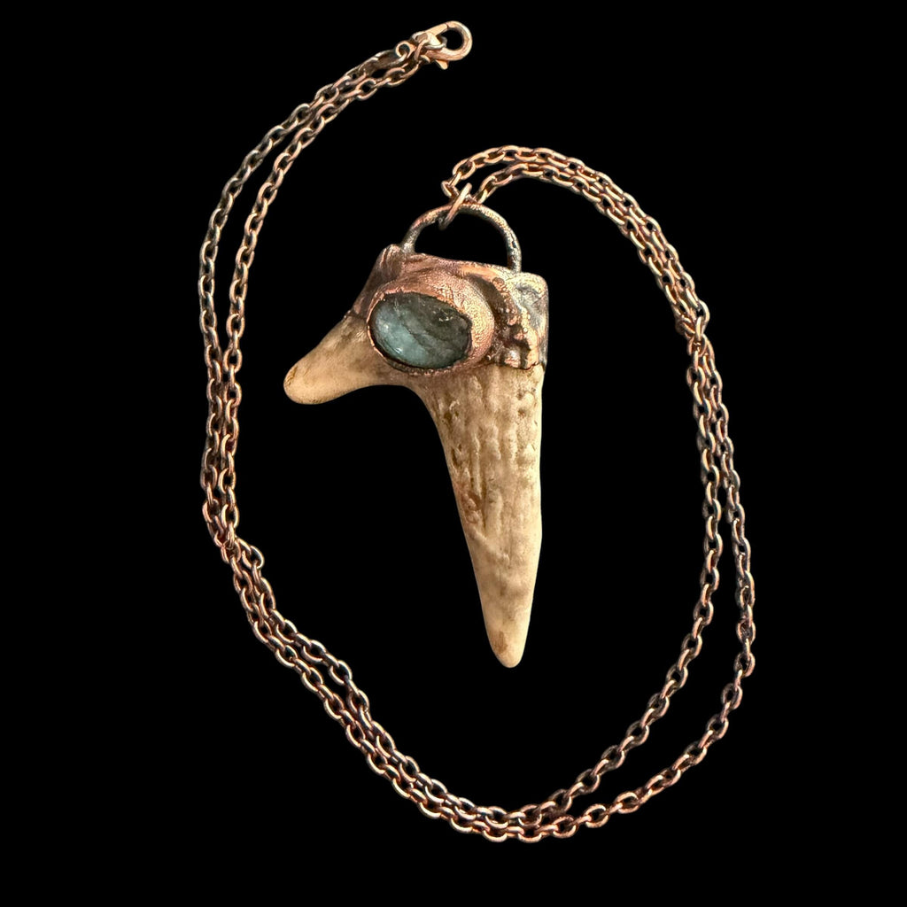 Labradorite & Obsidian Antler Necklace | Electroformed Copper Deer Antler Pendant | Handmade Boho Crystal Jewelry | Witchy Gift