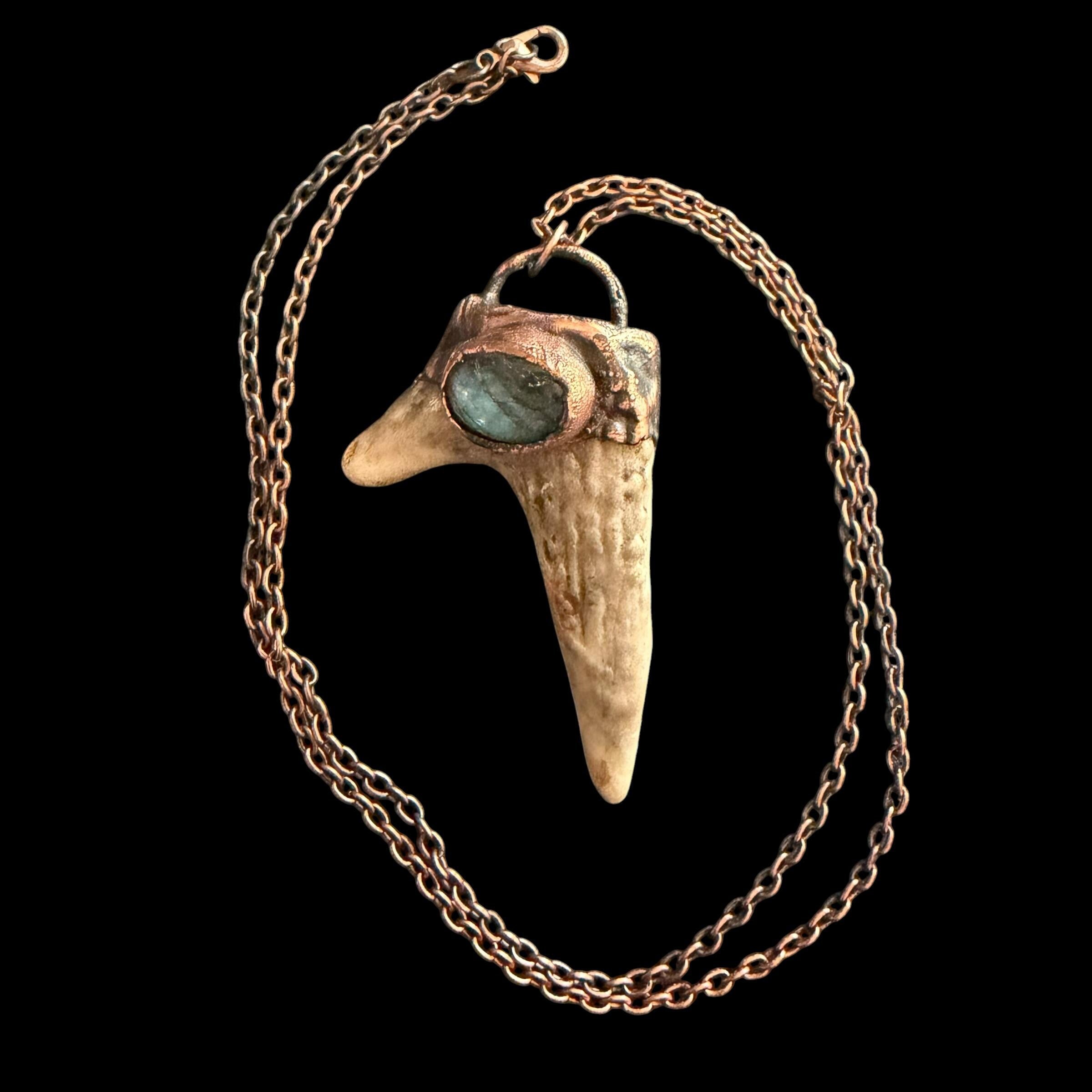Labradorite & Obsidian Antler Necklace | Electroformed Copper Deer Antler Pendant | Handmade Boho Crystal Jewelry | Witchy Gift