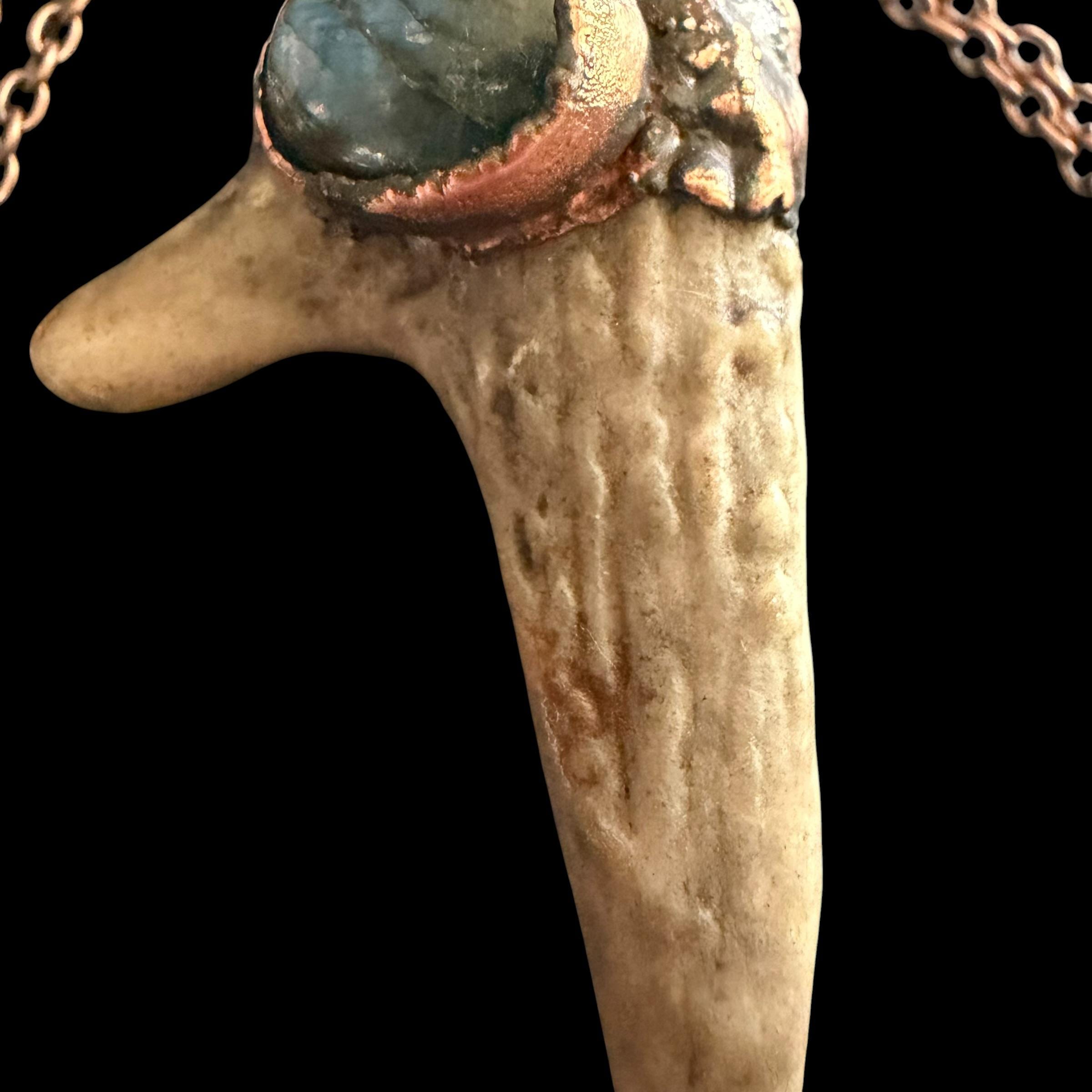 Labradorite & Obsidian Antler Necklace | Electroformed Copper Deer Antler Pendant | Handmade Boho Crystal Jewelry | Witchy Gift