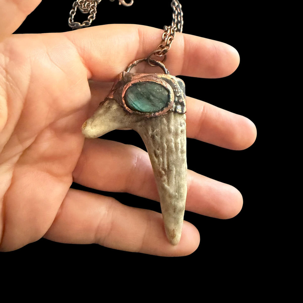 Labradorite & Obsidian Antler Necklace | Electroformed Copper Deer Antler Pendant | Handmade Boho Crystal Jewelry | Witchy Gift