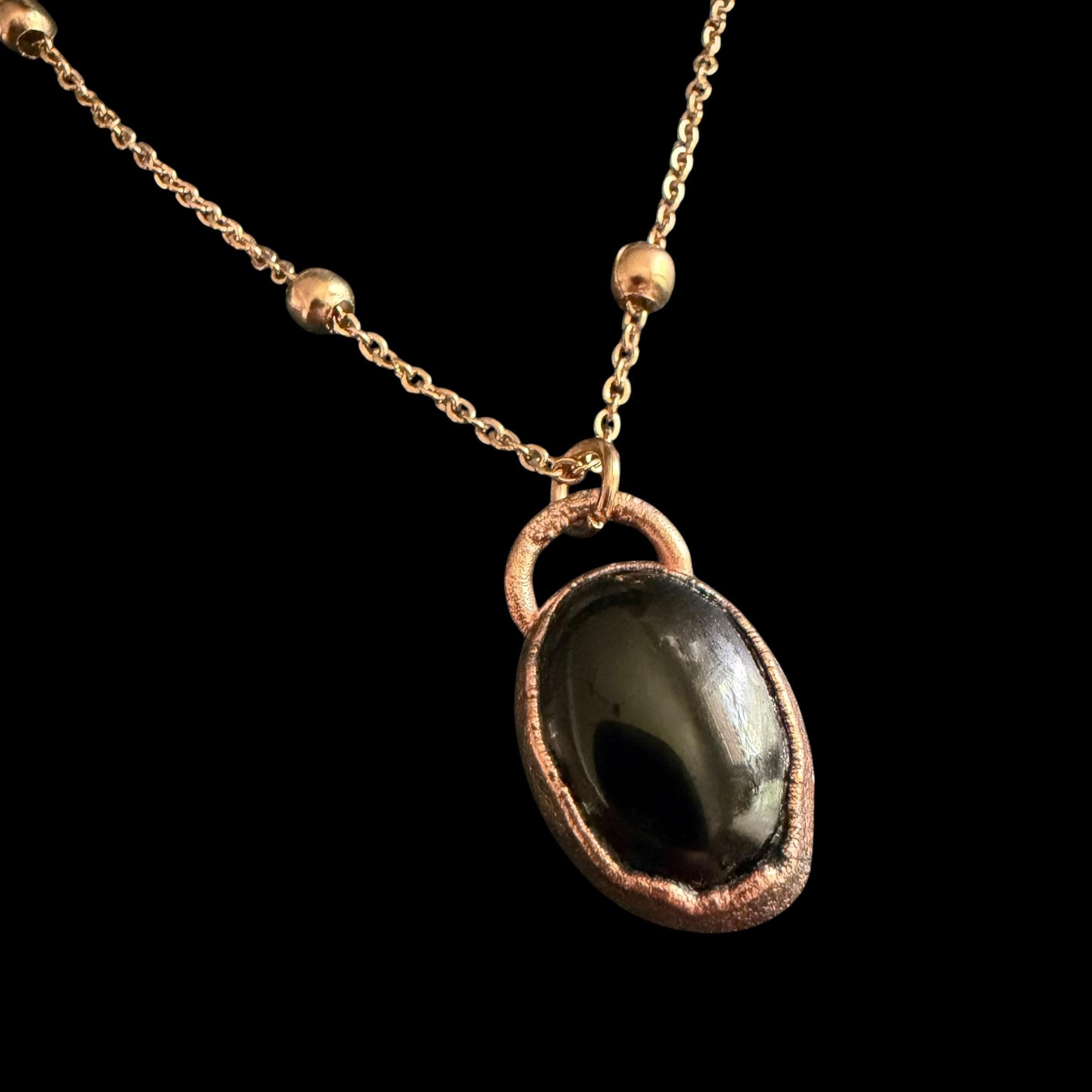 Black Obsidian Necklace | Electroformed Copper Pendant | Handmade Boho Crystal Jewelry | Rose Gold Chain | Protection Gift