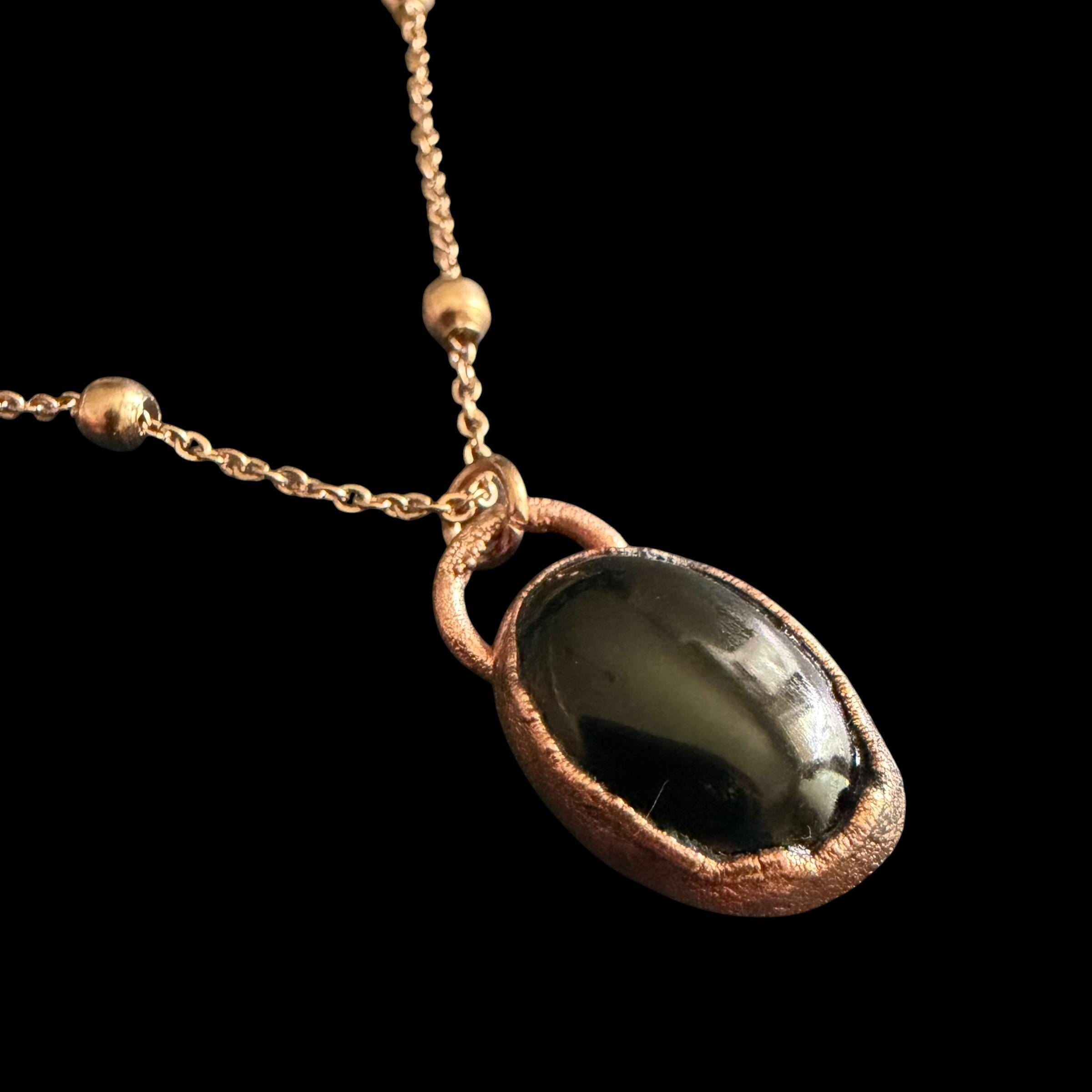 Black Obsidian Necklace | Electroformed Copper Pendant | Handmade Boho Crystal Jewelry | Rose Gold Chain | Protection Gift