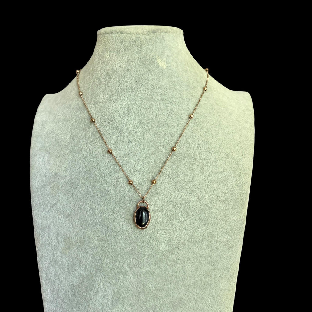 Black Obsidian Necklace | Electroformed Copper Pendant | Handmade Boho Crystal Jewelry | Rose Gold Chain | Protection Gift
