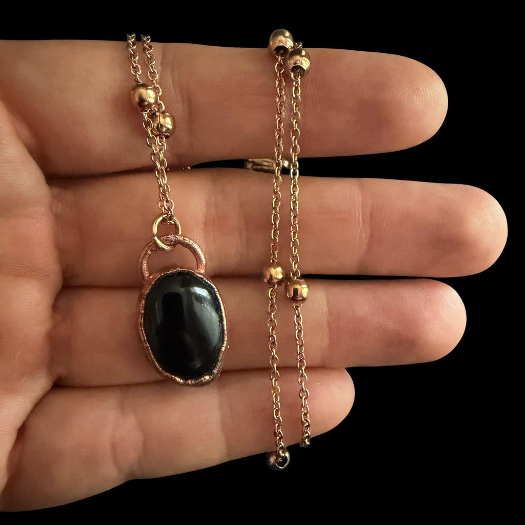 Black Obsidian Necklace | Electroformed Copper Pendant | Handmade Boho Crystal Jewelry | Rose Gold Chain | Protection Gift