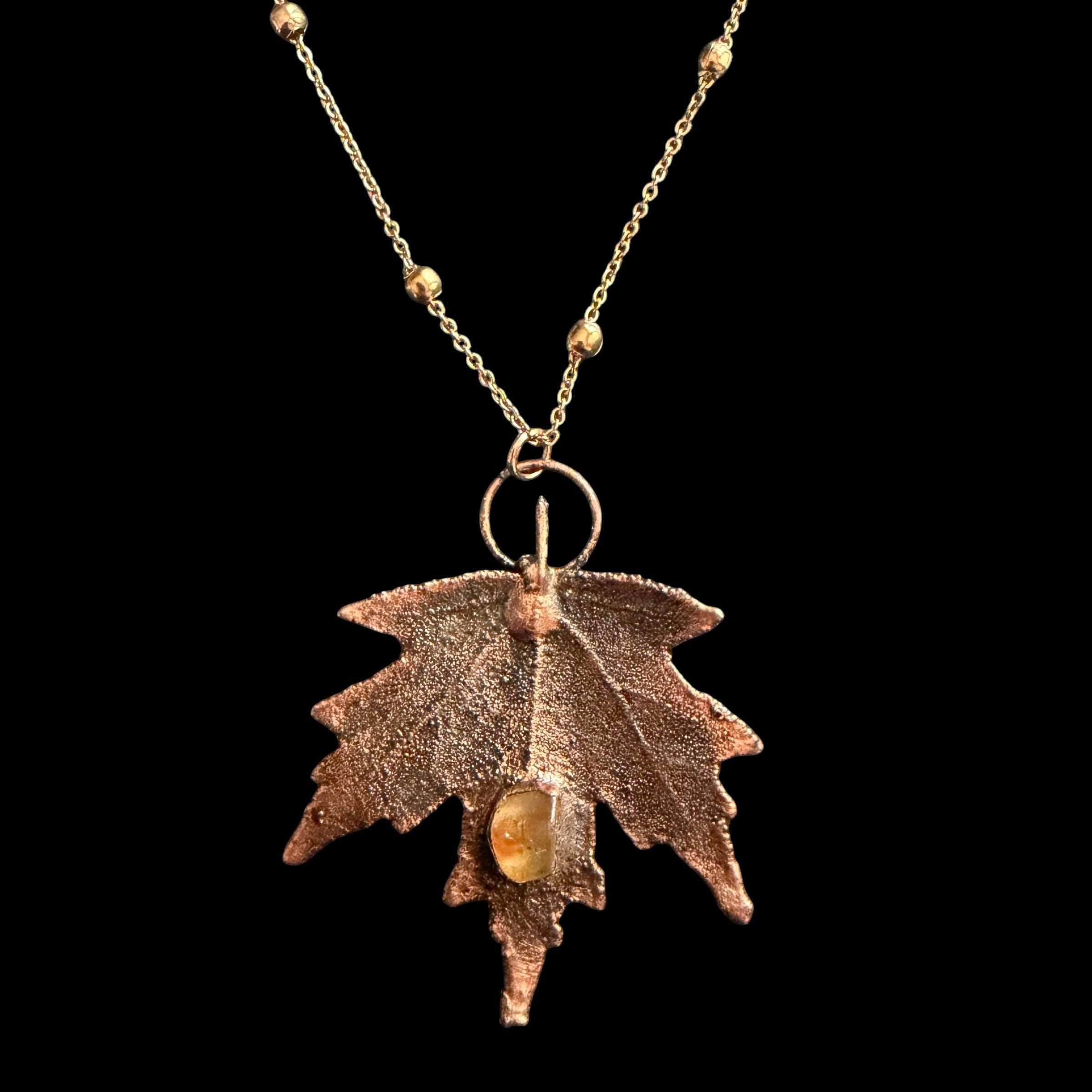 Real Maple Leaf Necklace with Raw Citrine | Electroformed Copper Pendant | Handmade Boho Botanical Jewelry | Rose Gold Chain