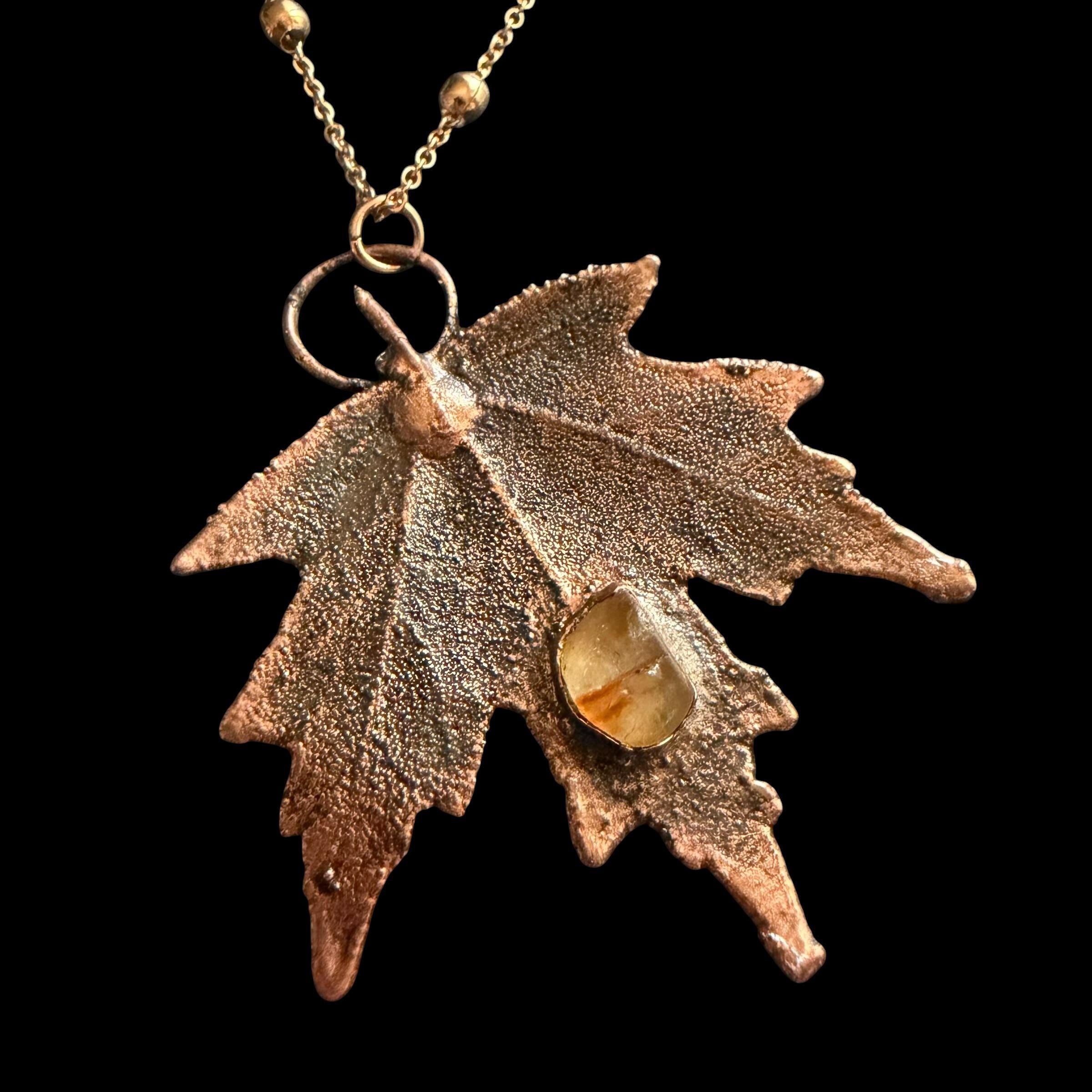 Real Maple Leaf Necklace with Raw Citrine | Electroformed Copper Pendant | Handmade Boho Botanical Jewelry | Rose Gold Chain