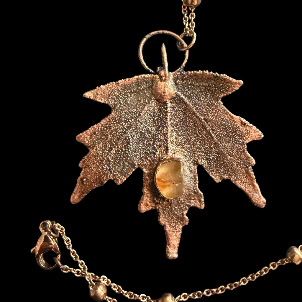 Real Maple Leaf Necklace with Raw Citrine | Electroformed Copper Pendant | Handmade Boho Botanical Jewelry | Rose Gold Chain