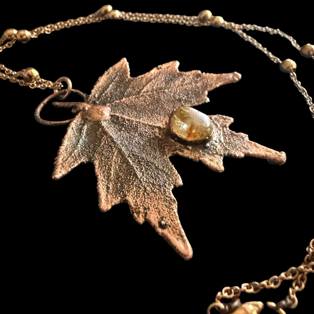 Real Maple Leaf Necklace with Raw Citrine | Electroformed Copper Pendant | Handmade Boho Botanical Jewelry | Rose Gold Chain