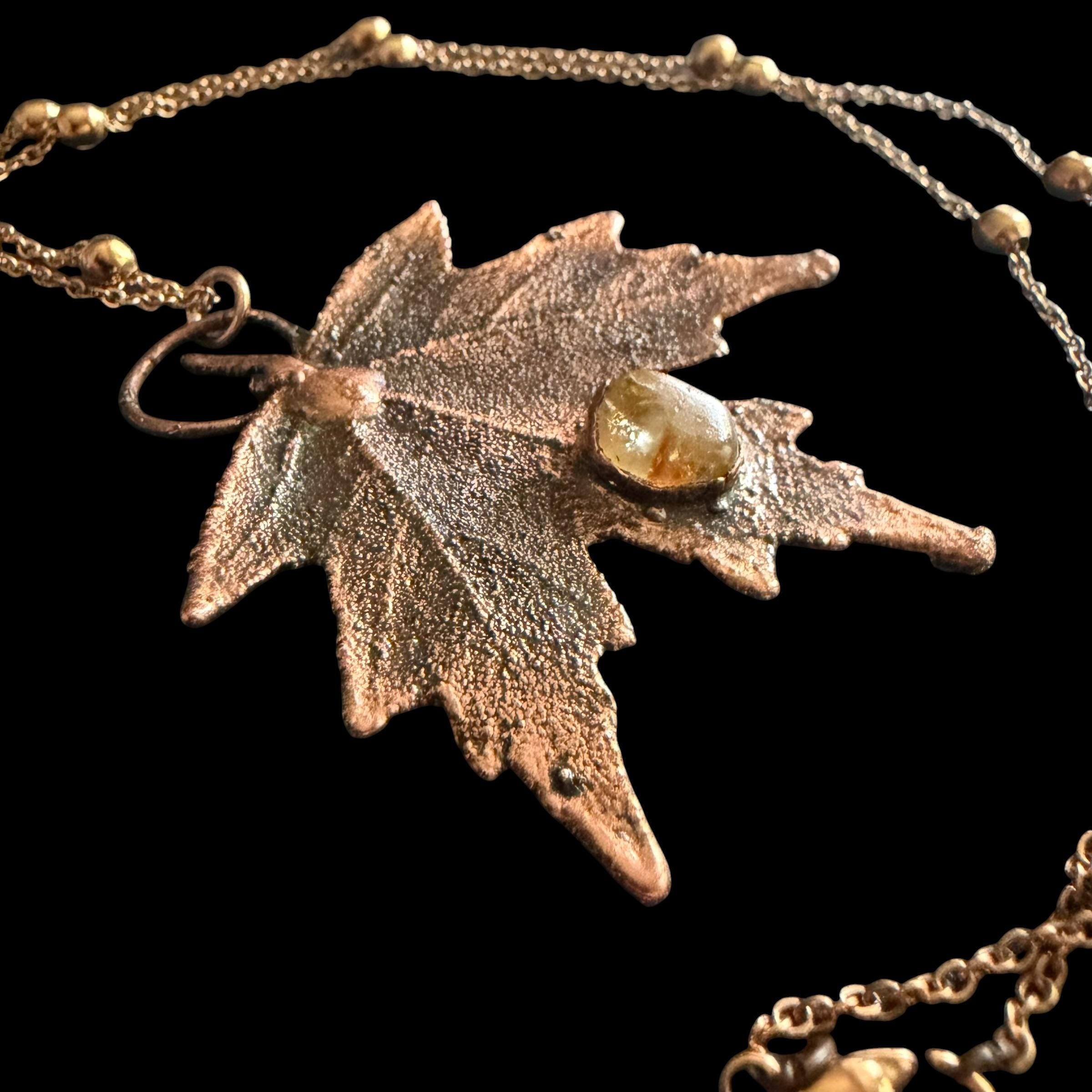 Real Maple Leaf Necklace with Raw Citrine | Electroformed Copper Pendant | Handmade Boho Botanical Jewelry | Rose Gold Chain