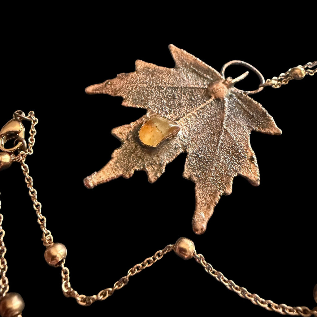 Real Maple Leaf Necklace with Raw Citrine | Electroformed Copper Pendant | Handmade Boho Botanical Jewelry | Rose Gold Chain