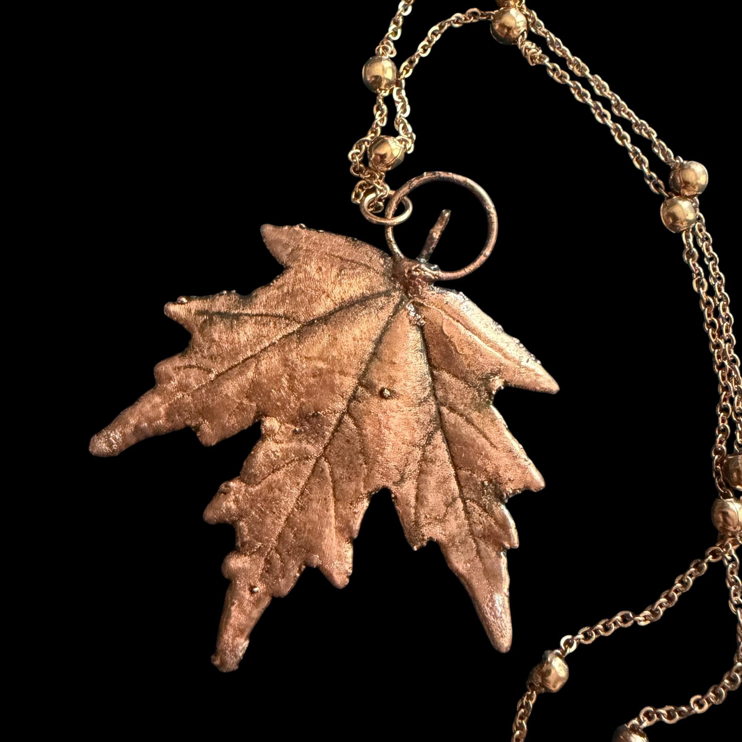 Real Maple Leaf Necklace with Raw Citrine | Electroformed Copper Pendant | Handmade Boho Botanical Jewelry | Rose Gold Chain