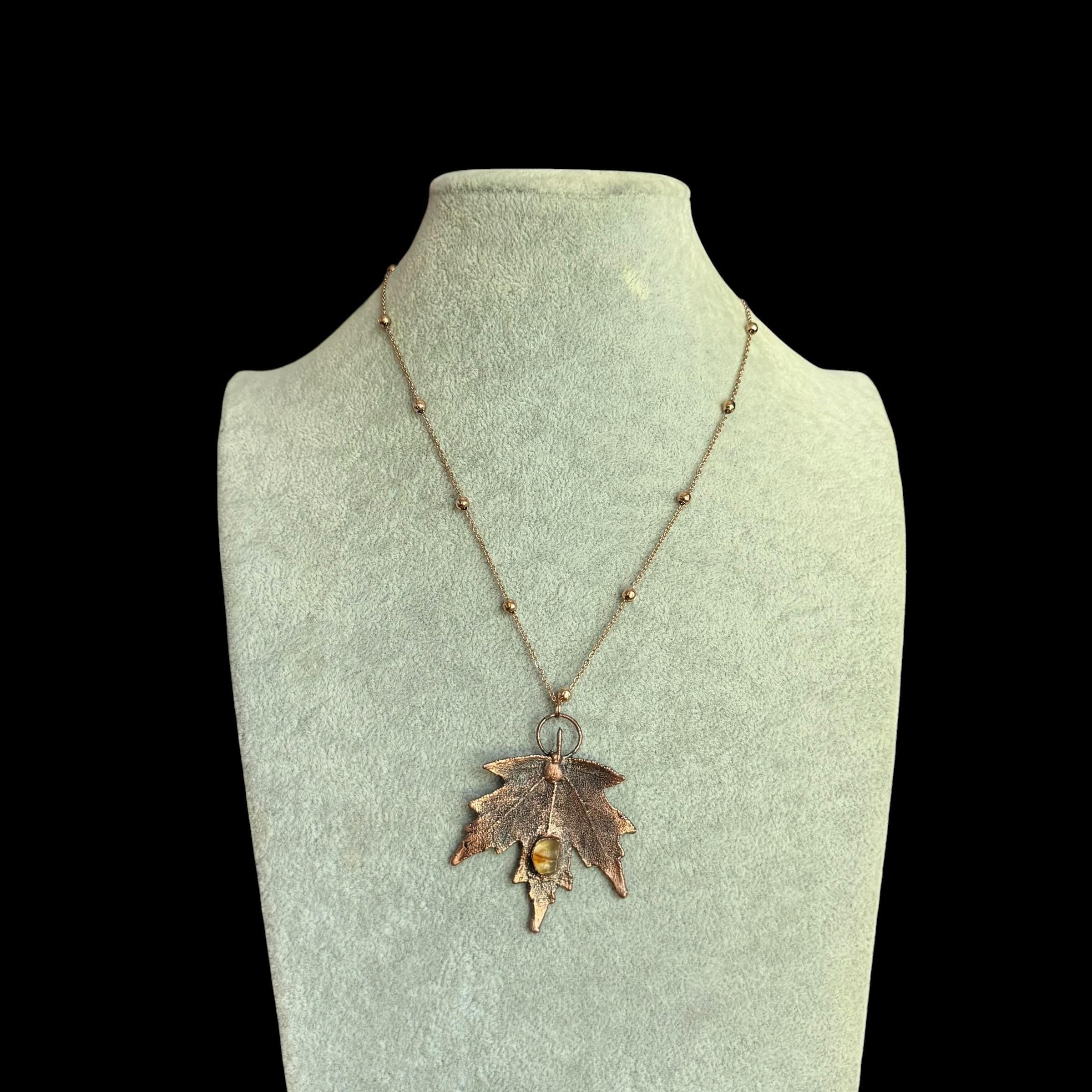 Real Maple Leaf Necklace with Raw Citrine | Electroformed Copper Pendant | Handmade Boho Botanical Jewelry | Rose Gold Chain