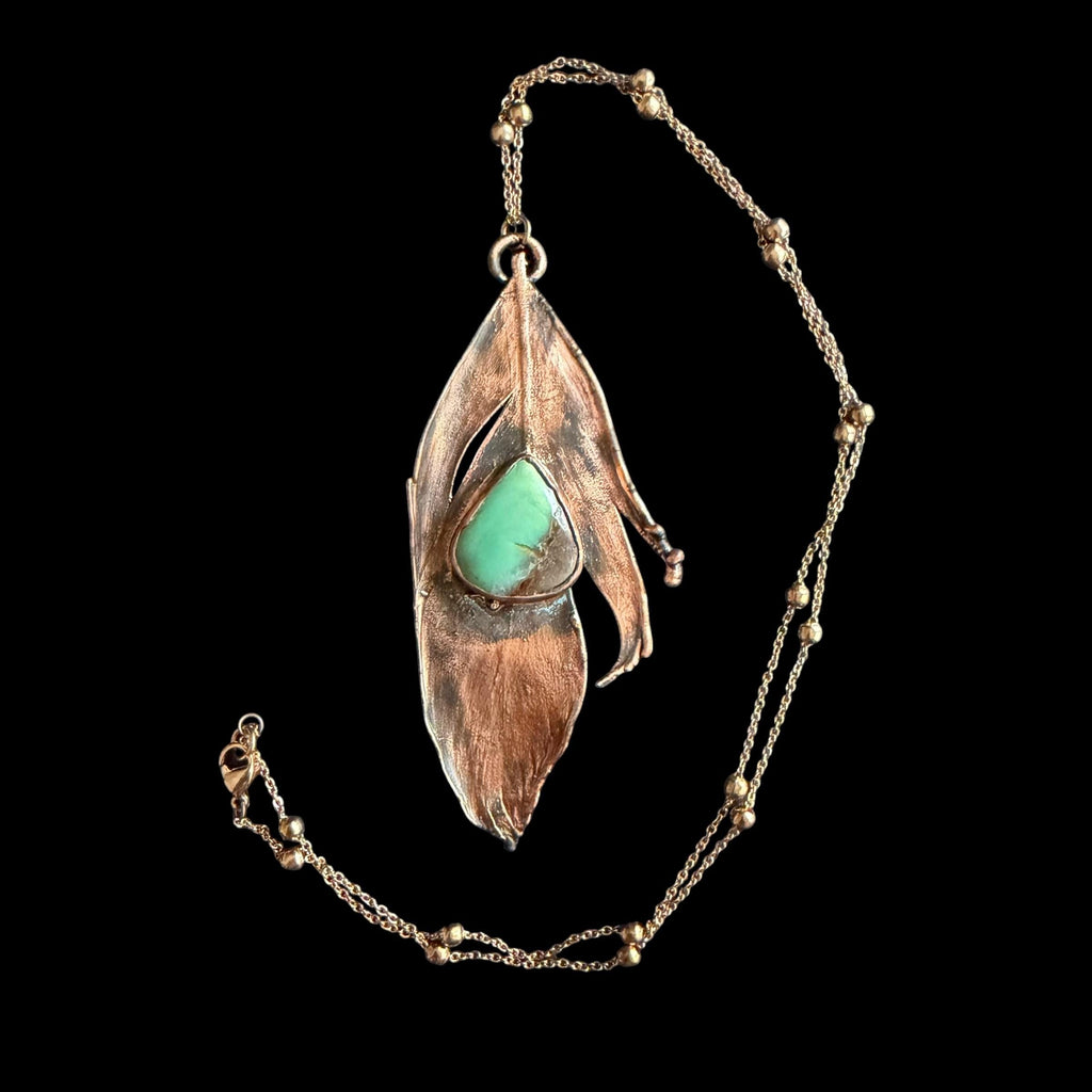 Real Feather Necklace with Chrysoprase | Electroformed Copper Pendant | Handmade Boho Jewelry | Green Gemstone Necklace