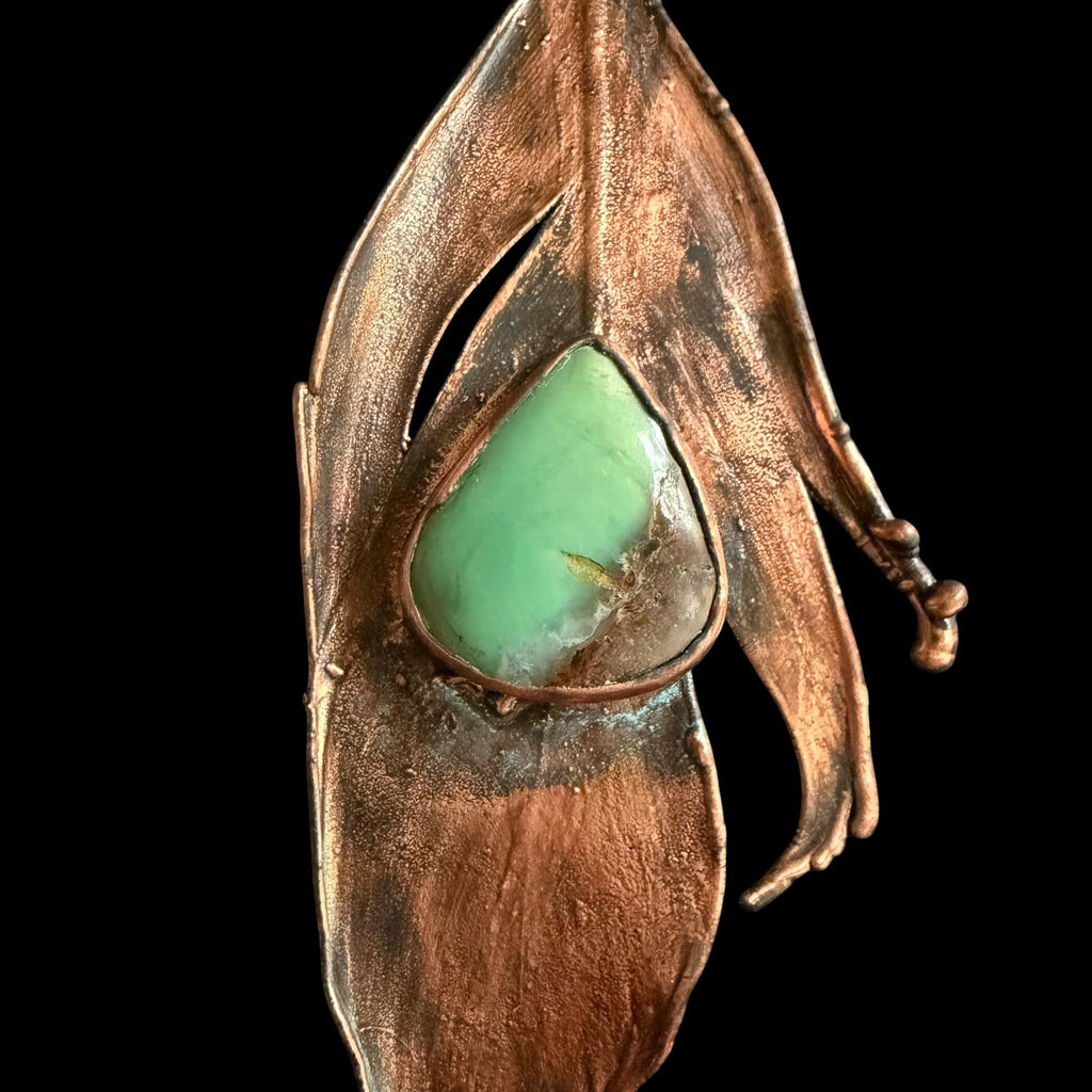 Real Feather Necklace with Chrysoprase | Electroformed Copper Pendant | Handmade Boho Jewelry | Green Gemstone Necklace