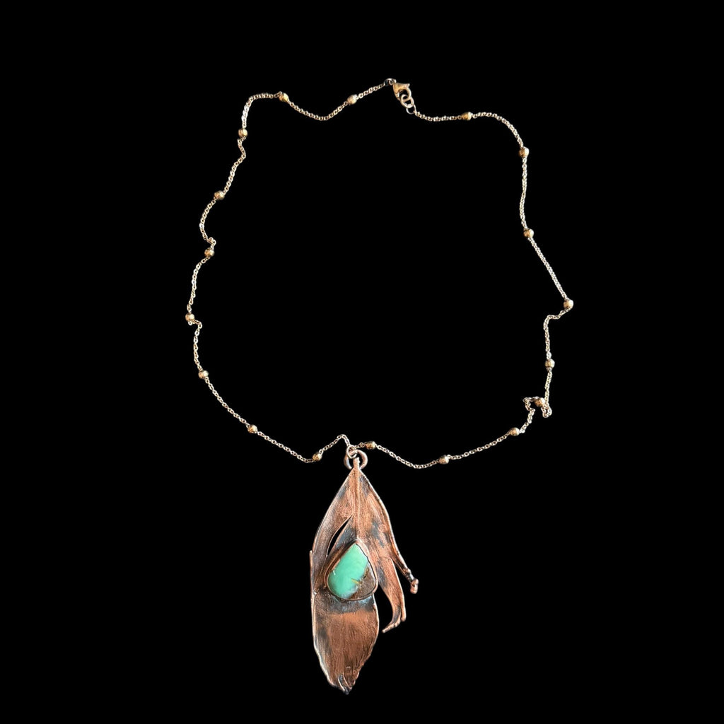 Real Feather Necklace with Chrysoprase | Electroformed Copper Pendant | Handmade Boho Jewelry | Green Gemstone Necklace