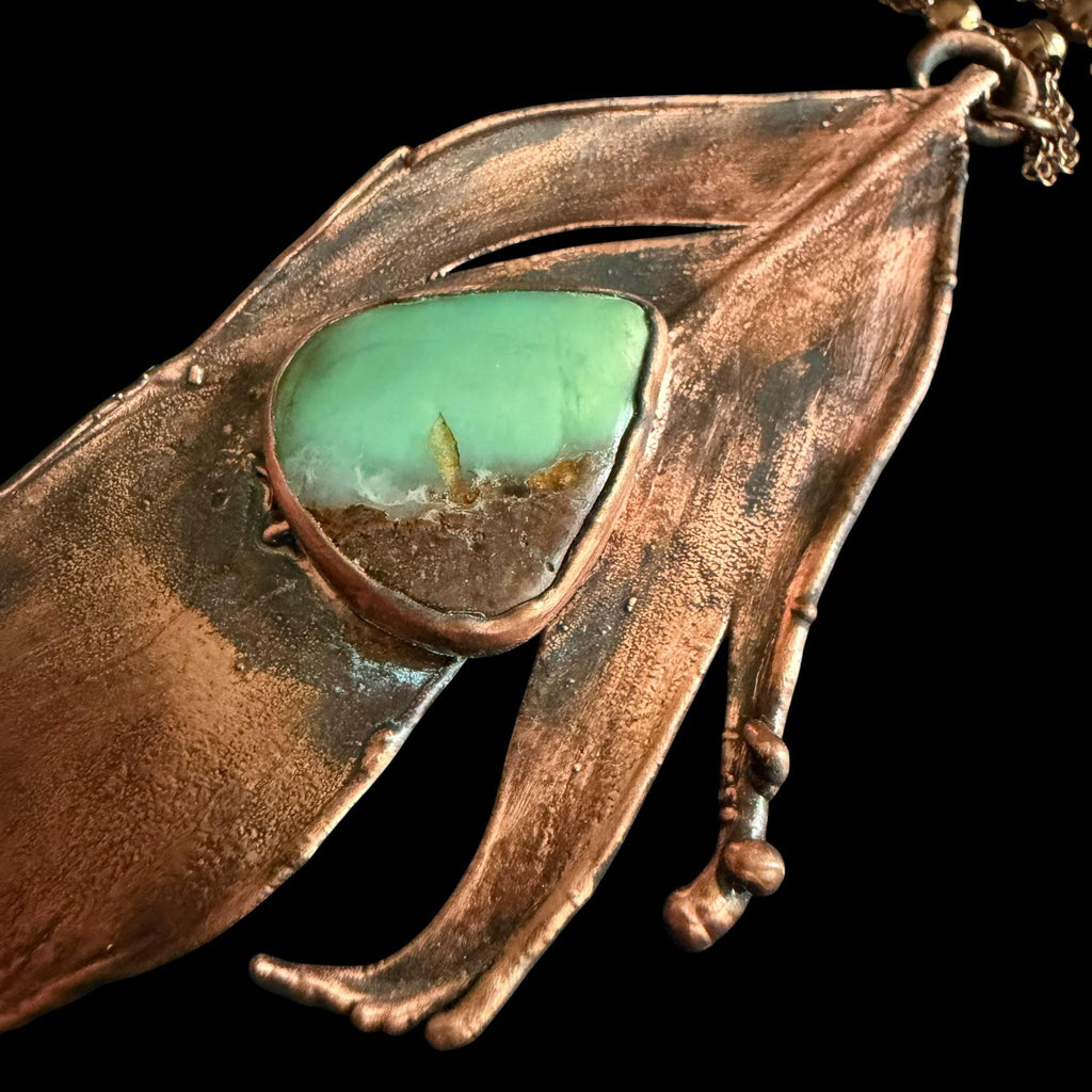 Real Feather Necklace with Chrysoprase | Electroformed Copper Pendant | Handmade Boho Jewelry | Green Gemstone Necklace