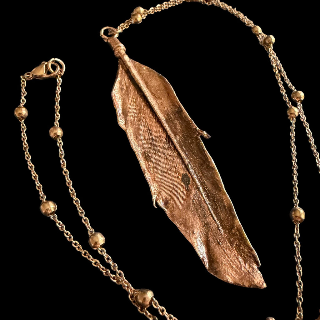 Real Feather Necklace Electroformed in Copper | Boho Feather Pendant | Handmade Nature Jewelry | Long Layering Necklace