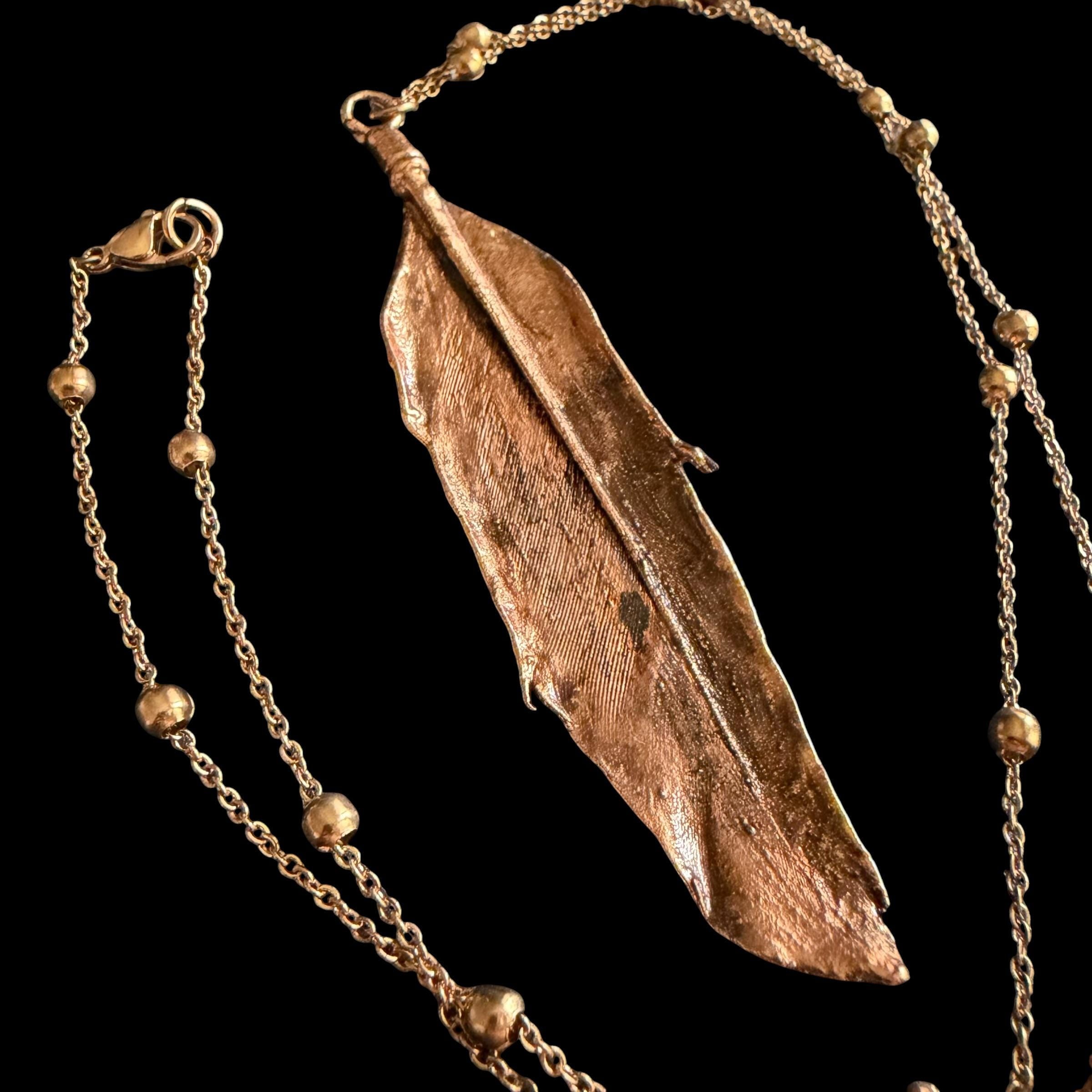 Real Feather Necklace Electroformed in Copper | Boho Feather Pendant | Handmade Nature Jewelry | Long Layering Necklace