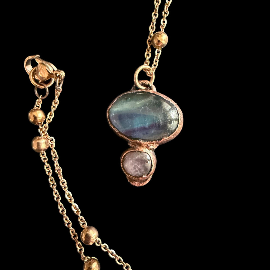 Fluorite and Amethyst Necklace | Electroformed Copper Pendant | Handmade Crystal Jewelry | Boho Healing Necklace