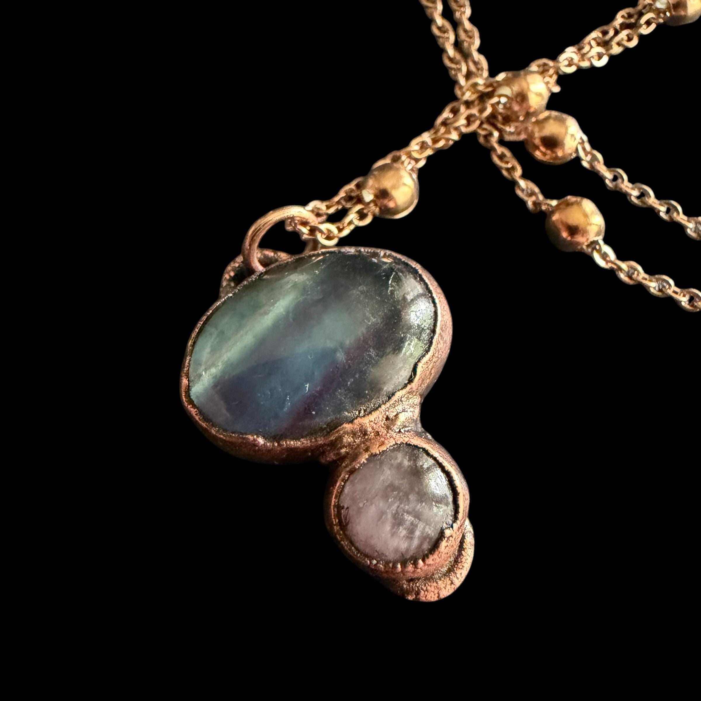 Fluorite and Amethyst Necklace | Electroformed Copper Pendant | Handmade Crystal Jewelry | Boho Healing Necklace
