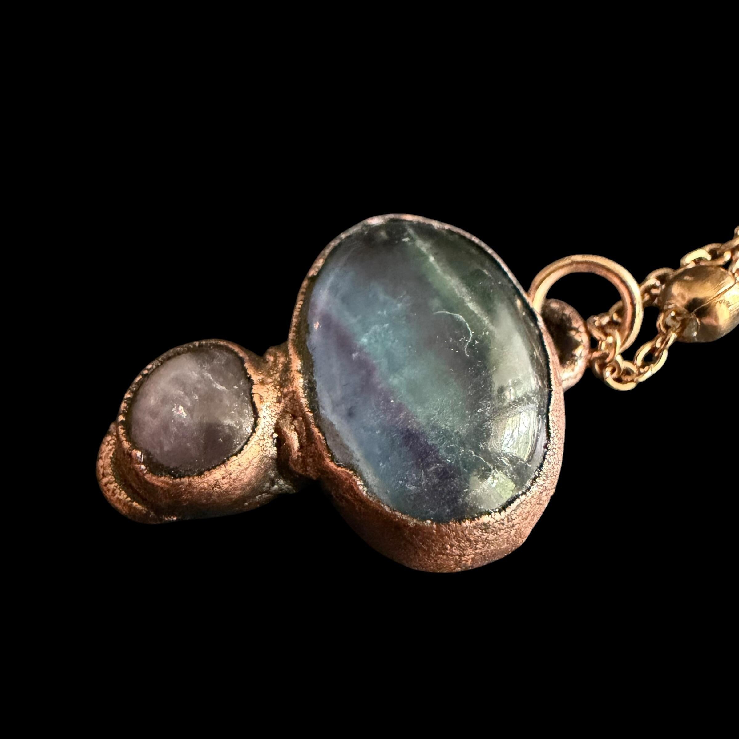 Fluorite and Amethyst Necklace | Electroformed Copper Pendant | Handmade Crystal Jewelry | Boho Healing Necklace
