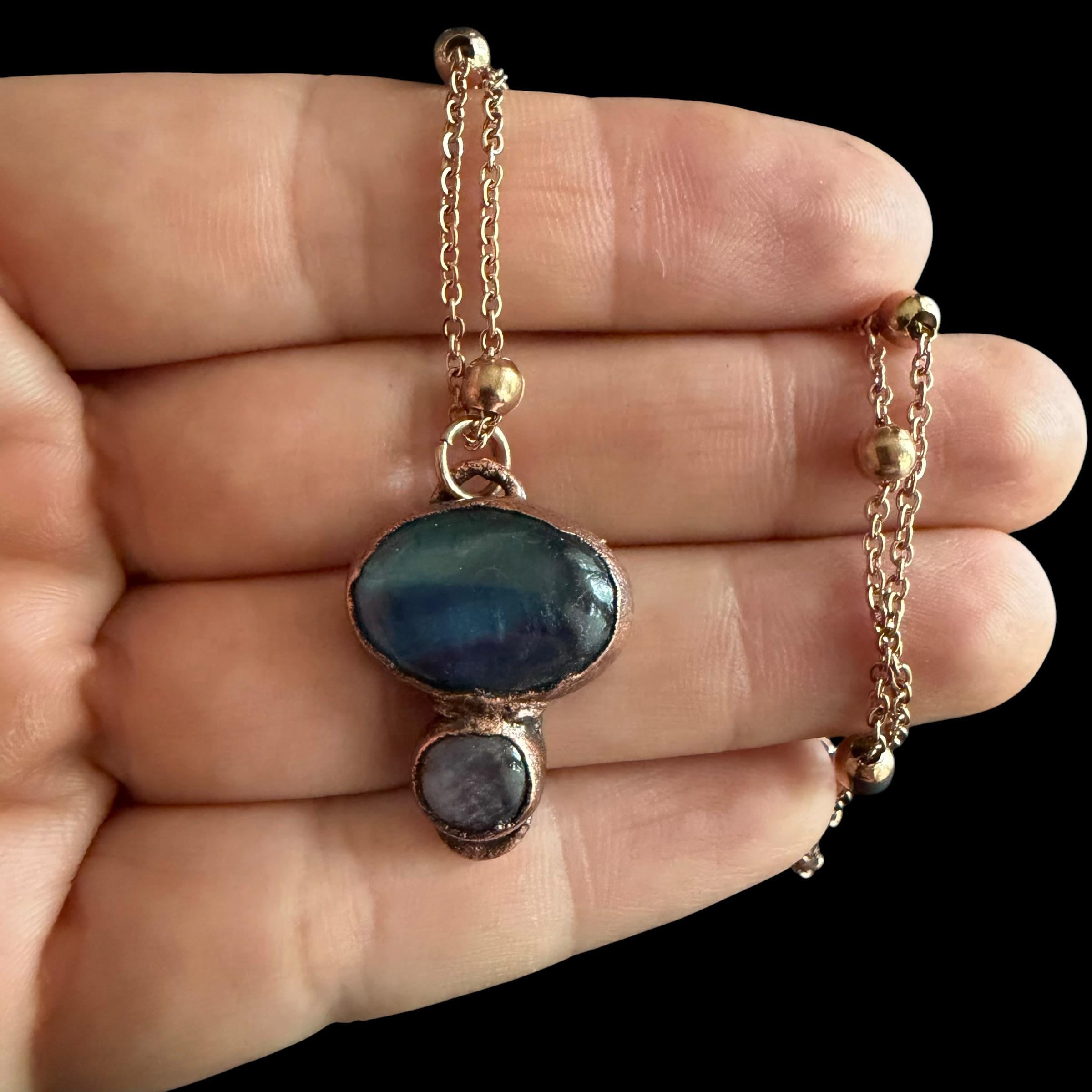 Fluorite and Amethyst Necklace | Electroformed Copper Pendant | Handmade Crystal Jewelry | Boho Healing Necklace