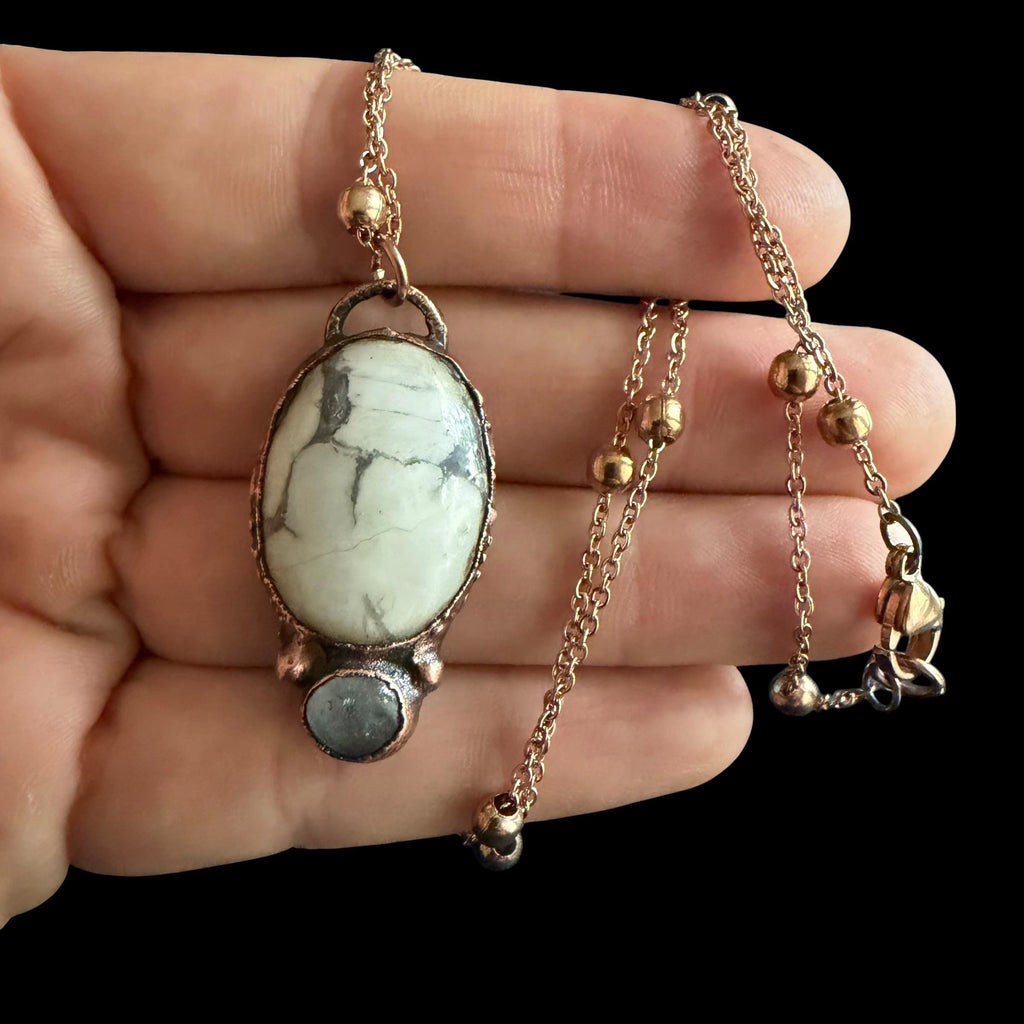 Howlite and Quartz Necklace | Electroformed Copper Pendant | Handmade Crystal Jewelry | Boho Calming Necklace